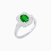 Art Deco Oval Cut Gemstone Ring with Diamond Halo and Baguette Accents - Shahin Jewelry